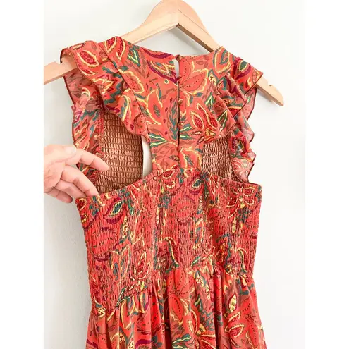 MELLODAY | Smocked Floral Sleeveless Maxi Dress | Orange Mustard Palm | Sz XS