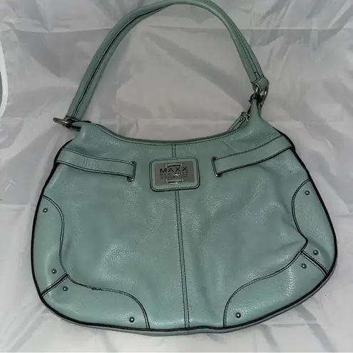 Maxx New York Signature Light Blue Leather Floral Interior Shoulder Bag