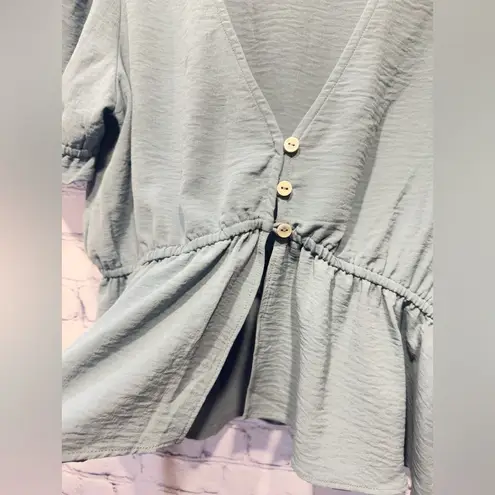 Melrose and Market Blue Peplum BUTTON DETAIL PUFF SLEEVE TOP IN BLUE PROVINCIAL