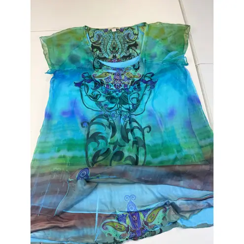 One World Blouse Top Small S Blue Green Sheer Paisley Embellished Festival