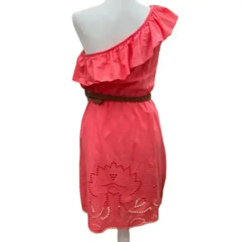 B Smart One Bare Shoulder Ruffle Belted Fully lined Mini Dress Coral Size 8 Orange