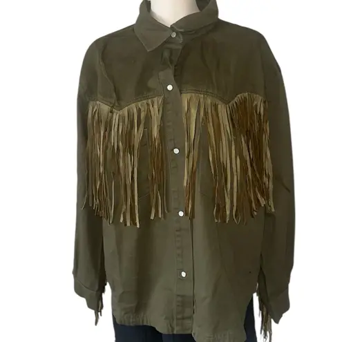 NWT Olive Green Fringe Western Shacket Jacket Boho Festival Cropped Button Up Size XL - Image 3