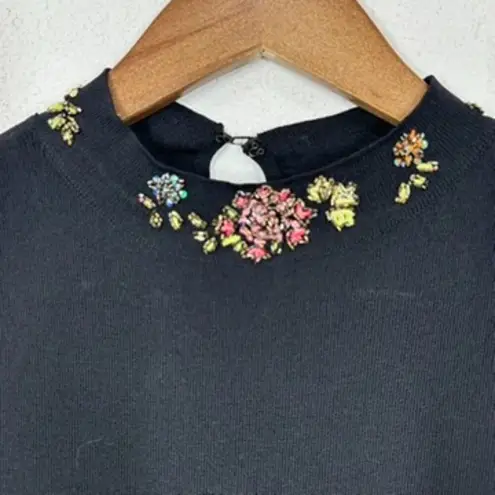 Vintage JAC Ribbed Sleeveless Mock Neck Shell Tank Top Black Beaded Floral Neckl Size M