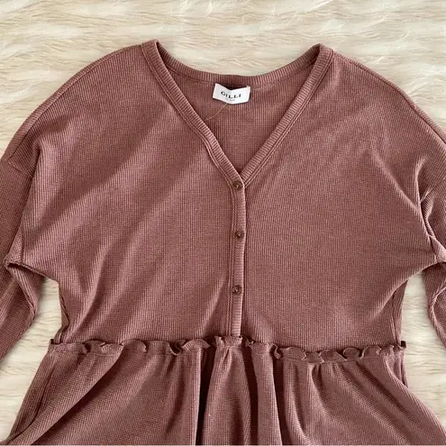 The Comfy Gilli Brown V-Neck Oversized Cozy Waffle Knit Long Sleeve Peplum Top Sz S
