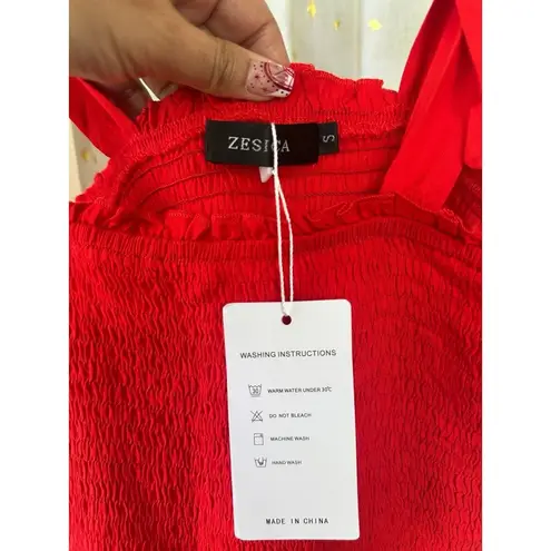 Zesica NWT Smocked Self Tie Straps Ruffle Trim Tiered Swing Mini Dress S Red