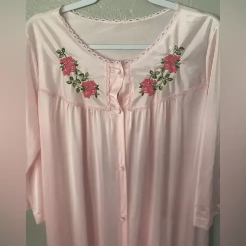 Vintage Lorraine PINK Nylon Floral Embroidered Nightgown Size Large Ice Pink GUC