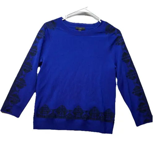 J. Crew Dark Blue Black Embroidered Crew Neck 100% Merino Wool Sweater Size XS