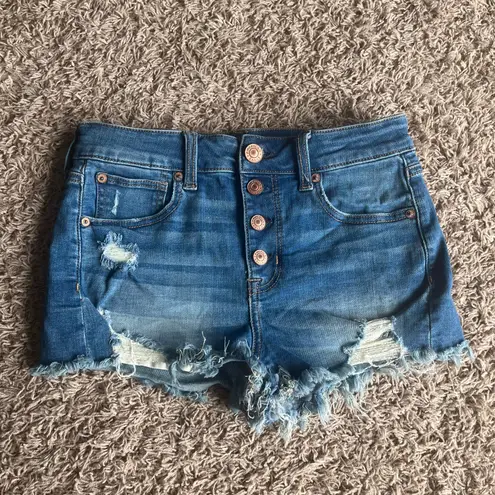American Eagle Medium Wash Distressed Button Fly Jean Short Size 4 Blue
