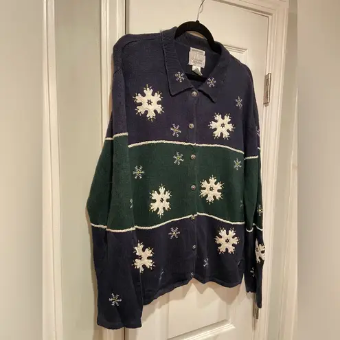 Christopher & Banks VTG Size XL Snowflake Sweater Hand Embroidered Button Front