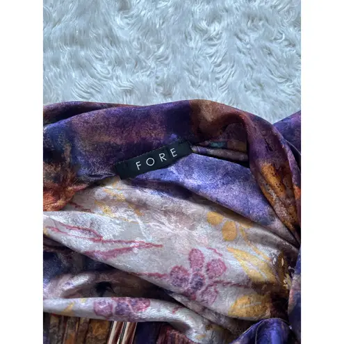 Fore Boutique Satin Purple Gold Floral Maxi Dress Strapless Open Cowl Back