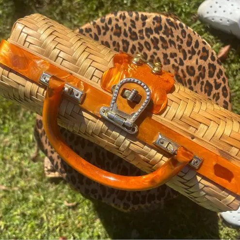 Vintage Woven Purse Bag Amber Lucite and Gold Tone Made in British Hong Kong