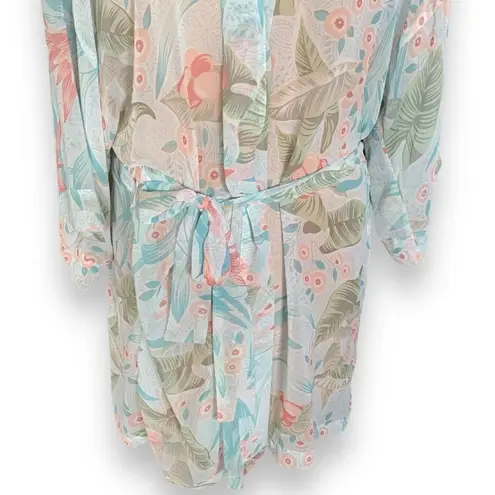 Morgan Taylor Fantasies By  Robe Sheer Blue Orange Floral Print Short Kimono