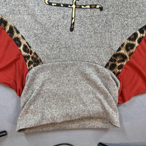 Love in Faith Shirt Womens XL Gray Red Leopard Cowl Neck Faith Cross Graphic Top