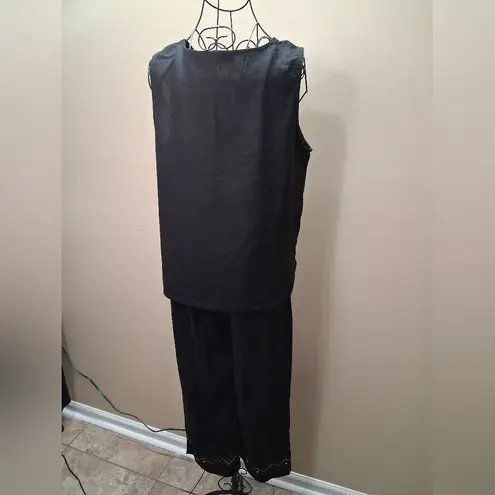Vintage SET Studio Ease Woman Linen Blend Embroidered TOP PANTS SIZE 14 Black