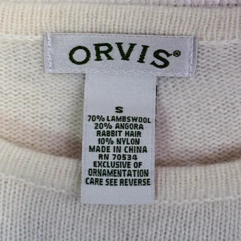 Orvis Cream Wreath Sequin Embellished Christmas Sweater Size S Lambswool Angora