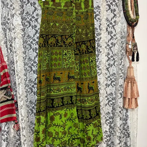 Cotton tapestry wrap skirt indian block print elephants OS GREEN EUC animal Size undefined