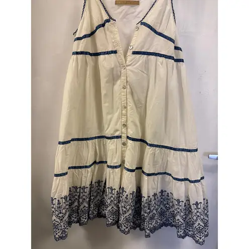 Sleeveless Dress Tiered Embroidery Blue Trim Casual Summer Sundress Size M