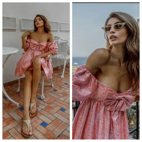 SAU LEE Arabella Mini Dress in Candy Pink Jacquard Floral Bow Puff Sleeve US 8