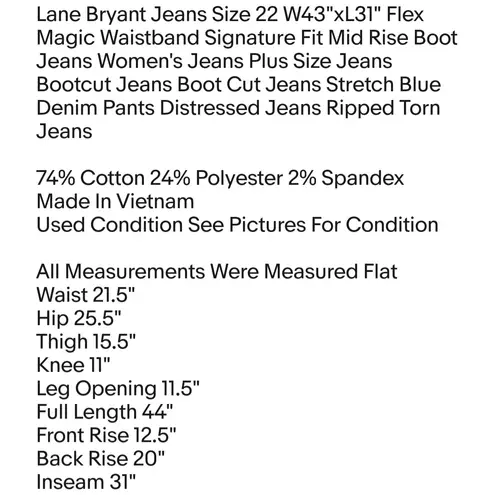 Lane Bryant  Jeans Size 22 W43"xL31" Flex Magic Waistband Signature Fit Mid Rise Boot Jeans