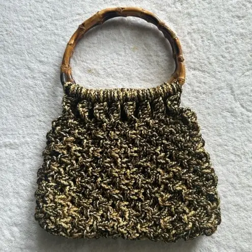 Vintage Macramé Thick Crochet Style Bamboo Handel Jute Bag Beachy Boho Hippie
