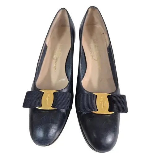 Salvatore Ferragamo VTG Low Heels Shoes Boutique Vara Blue Calf Sz 8.5 AAAA