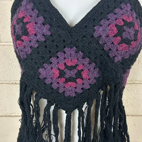 American Vintage Crochet Black Fringe Halter one size