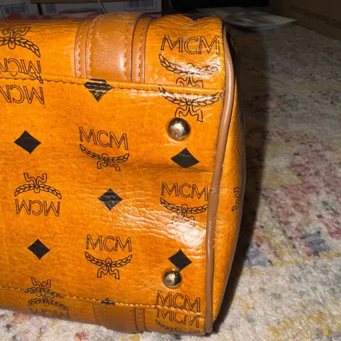 MCM  Tan Leather Satchel with Gold Accents