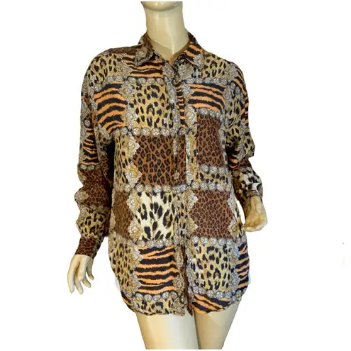 VINTAGE 1990'S S.L.B. BY SUNNY LEIGH ANIMAL PRINT SILK BUTTON DOWN BLOUSE (M) Brown Size M