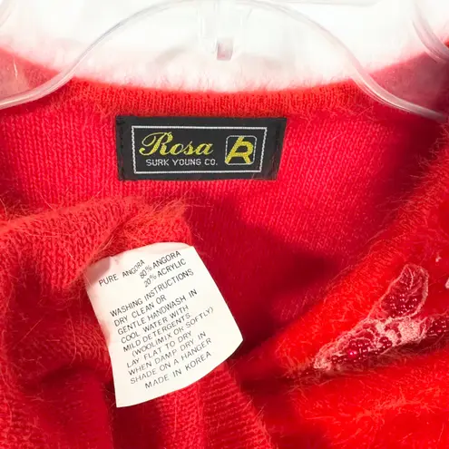 Vintage 80s Angora Sweater Red Floral Embroidered Beaded Shoulder Pads 319 Size L