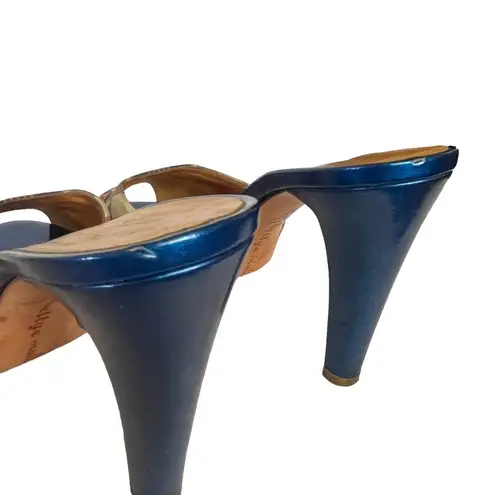 Bettye Muller Roulette Platform Slide Heels - Tartan Plaid Metallic Blue Mules