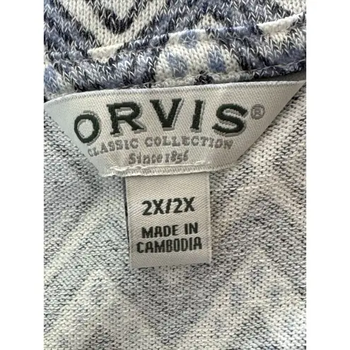Orvis T-Shirt Women's Sz 2X Blue White Geometric Stretch Pullover Top V-neck J2