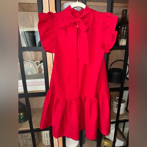 Sugarlips stacy ruffle dress drop hem bow high neckline flutter short sleeves Red Size XS