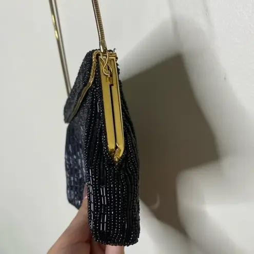 Vintage Black Beaded Gold Detail Crossbody Chain Evening Purse