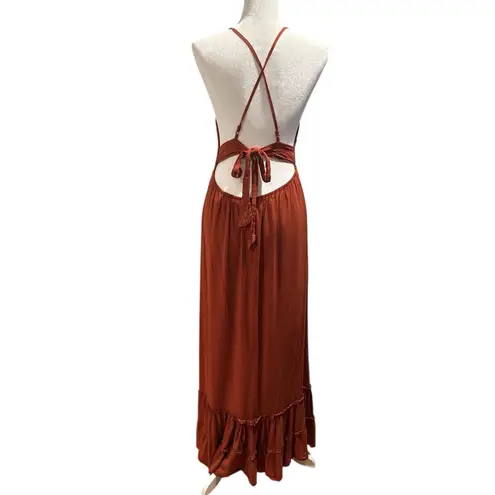 FADED ROSE BOHO STRAPPY LONG TIERED CROCHET TERRACOTTA MAXI DRESS Orange Size M