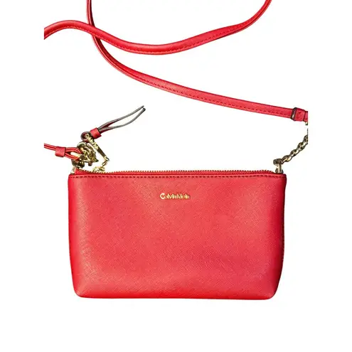 Calvin Klein  Pink Red Mini Crossbody Bag Faux Leather Gold Chain Accent 5"x8"
