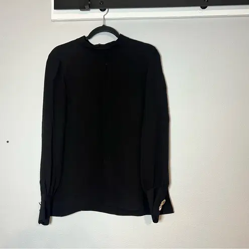 Lafayette 148 Black Mockneck Silk Blouse Top Medium Keyhole Gold Cuff Button