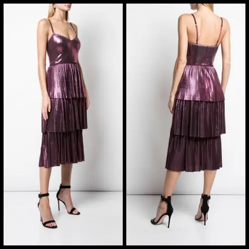 đź’•MARCHESA NOTTEđź’• Lame Pleated Tiered Midi Length Cocktail Dress Lilac Purple 0