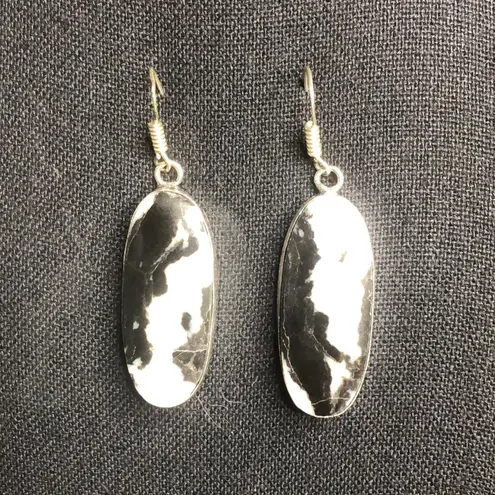 Sterling Silver Old Southwest White Buffalo Turquoise Cabochon Drop Earrings 925 Black