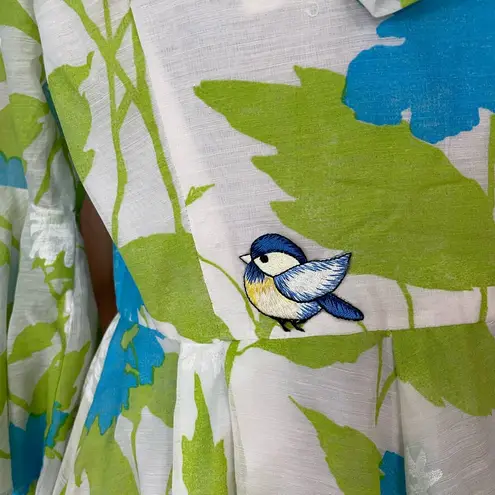 Vintage Handmade Romantic Maxi Dress Ruffle Neck Bell Sleeves Bird Appliqué ~M Blue Size M