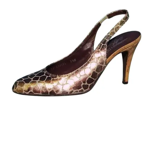 Donald Pliner Bronze Metallic Linen Gator Silver Cork Pump Shoe New $275 NIB Gold Size 7.5