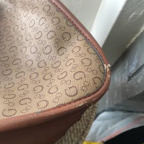 GUESS brown and tan tote monogram hand shoulder bag purse. Some wear as pictured. Great for work school college university. Can fit most books laptops. - Image 7