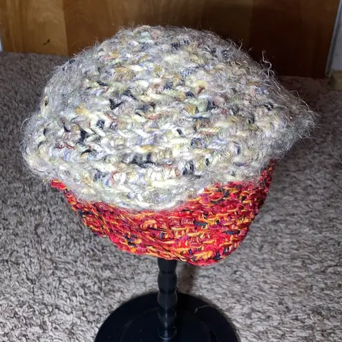 Gray & Red Cozy Fuzzy Warm Handmade Knit Hat NWOT