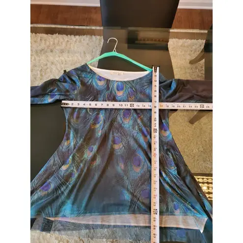 indigo. Soul Women's Multicolor Peacock Round Neck Long Sleeve Top Blouse Small