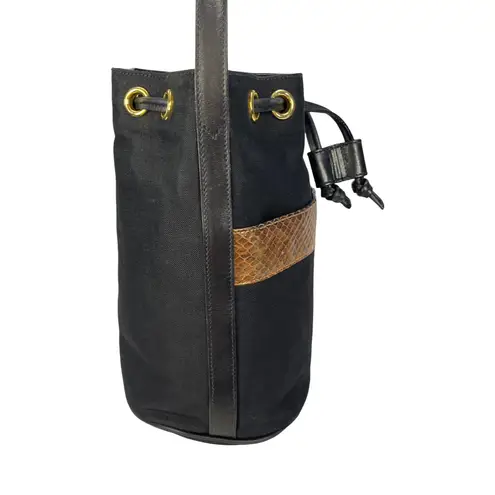 Ferragamo Salvatore Black Linen Canvas Bucket Bag With Snakeskin Embossed Trim - Image 8