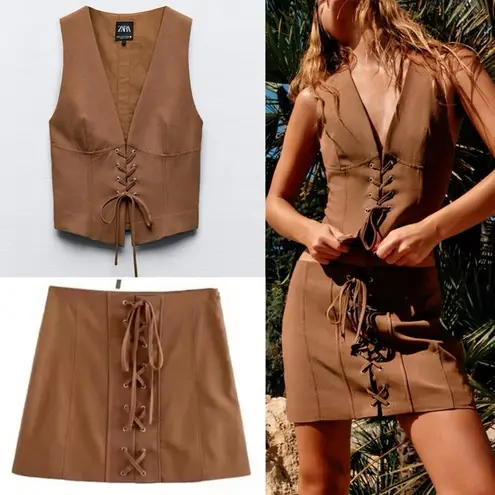 ZARA  NWT 2 piece matching set, brown / tan lace up tie vest & skirt set