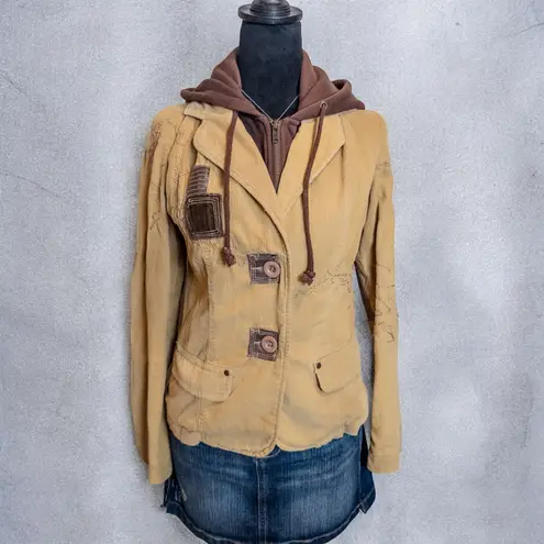Vintage Y2K Garment Touch Corduroy Patchwork Brown Tan Hoodie Jacket Medium