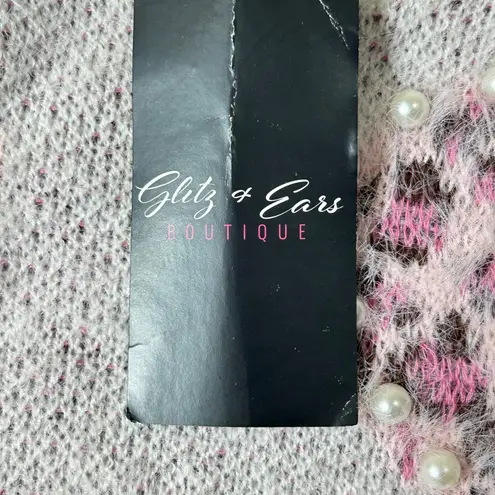 Glitz & Ears Sweater Womens M Pink Cream Fuzzy Leopard Heart Pearl Sweater NEW Size M