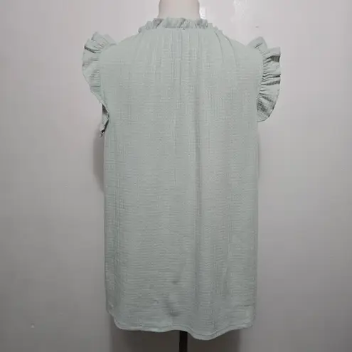 Ces Femme Ruffle Neck Sleeveless Top Mint Green Textured Summer Feminine Size L