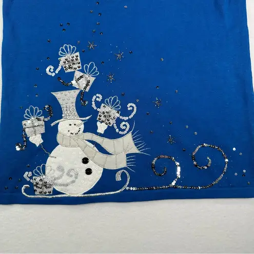 Quacker Factory Embellished Snowman Holiday Top Blue Sparkle Long Sleeves Small