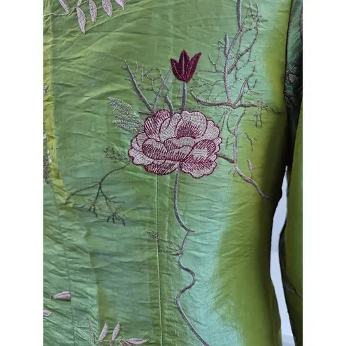 YA LI Asian Green Iridescent Jacket Embroidered Floral Design Fully Lined Sz L Size L